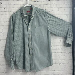 Izod Mens Long Sleeve button down cotton dress shirt blue green small checkered